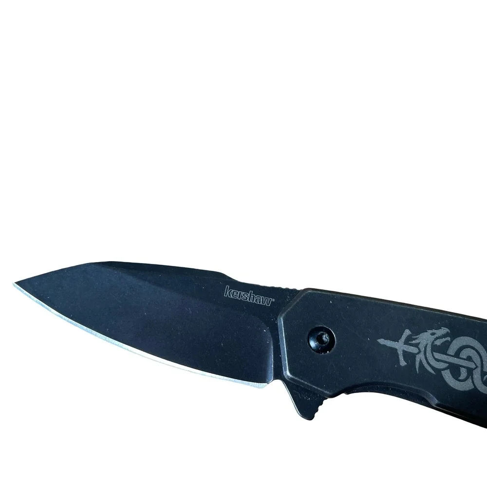 Kershaw 2065 Black Folding Knife 8Cr13MoV w/ Tribal Dragon Engraving EDC